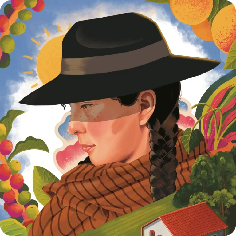 Retrato de una mujer campesina rodeada de naturaleza, una casa de campo y frutas.