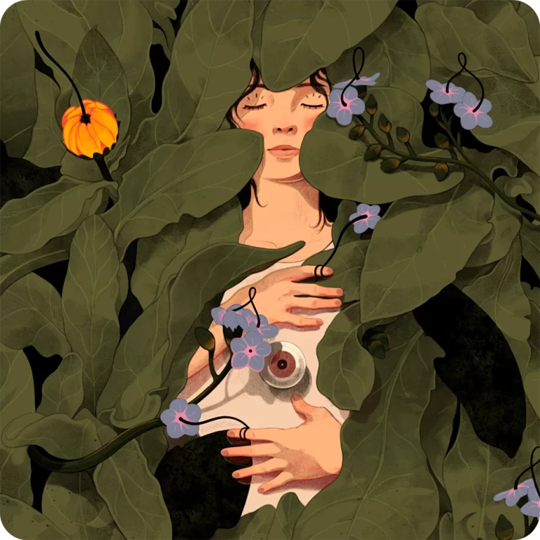 Ilustración de una mujer recostada sobre un grupo de hojas y flores.