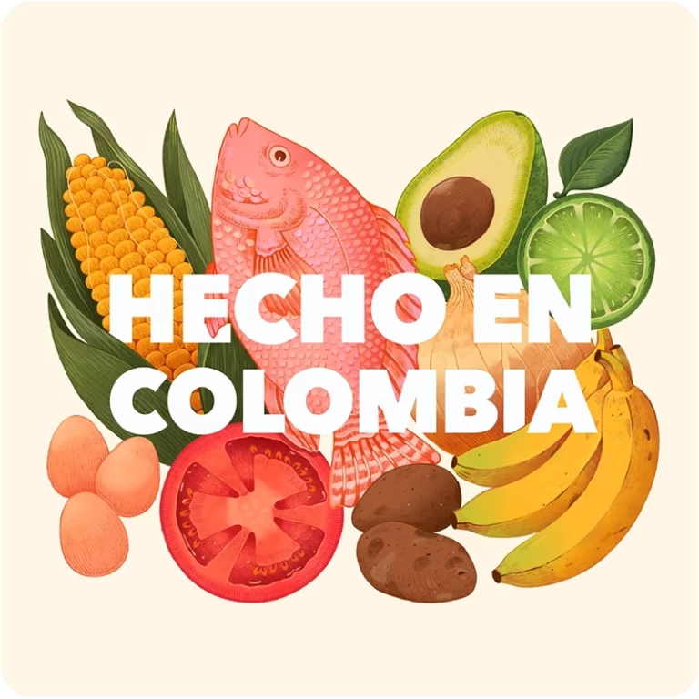 Ilustración de un pez rodeado de un aguacate, unos bananos, una cebolla, un tomate, papas, huevos y una planta de maíz, con el un texto sobrepuesto que dice "Hecho en Colombia".