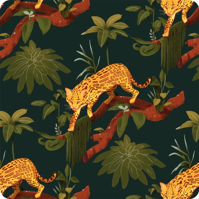 Diseño de un patrón que contiene la figura de un ocelote sobre una rama.
