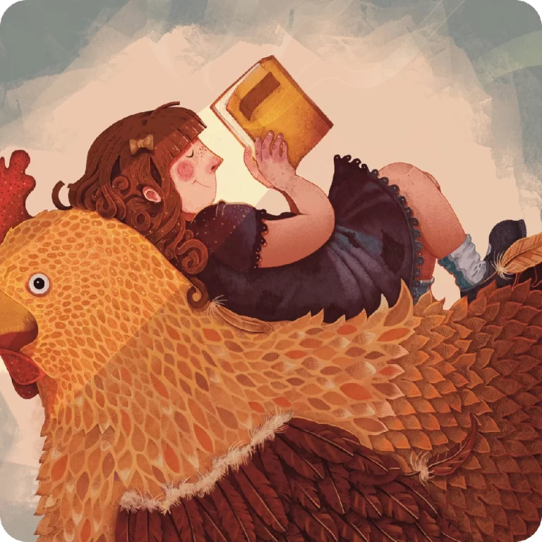 Ilustración de una niña acostada sobre el lomo de una gallina mientras lee un libro.
