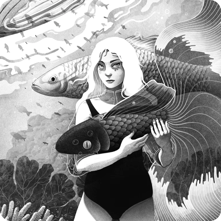 Ilustración de una mujer en el fondo del océano sosteniendo un pez entre sus manos.