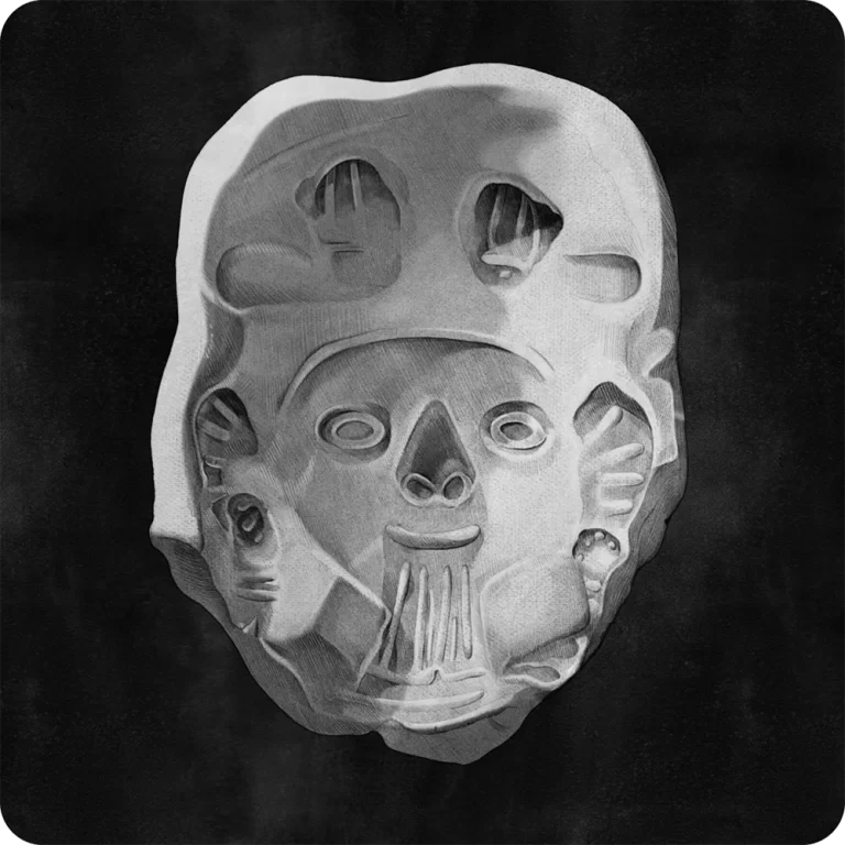 Ilustración en blanco y negro de un molde prehispánico de un rostro, que pertenece a la cultura Tumaco - La Tolita.