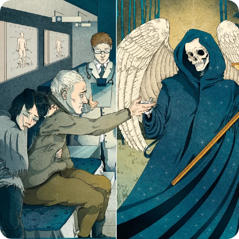 Ilustración de un hombre sosteniendo la mano de una parca o ángel. La imagen hace referencia a un artículo que habla sobre el fallecimiento de pacientes con enfermedades terminales.