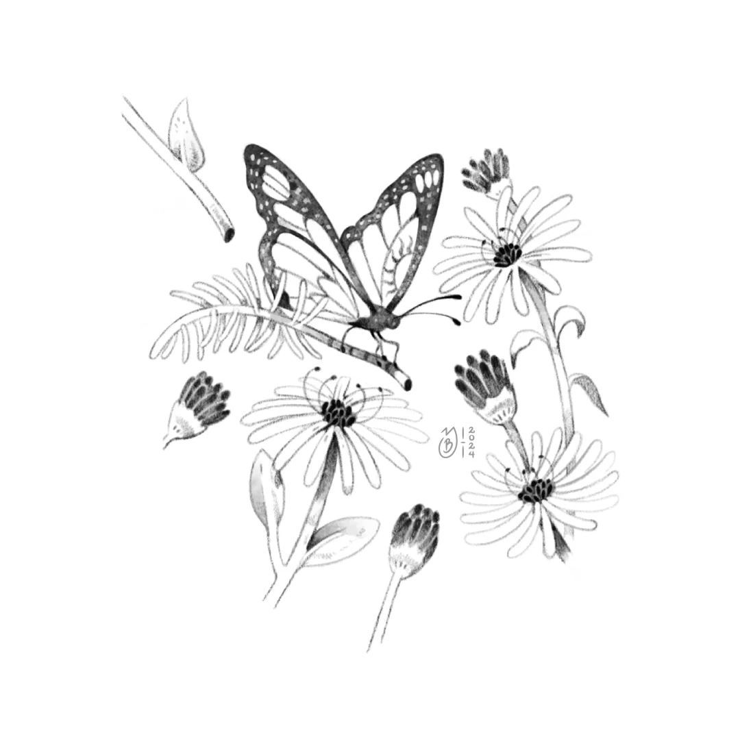 Ilustración de Mariposa Monarca rodeada de flores.