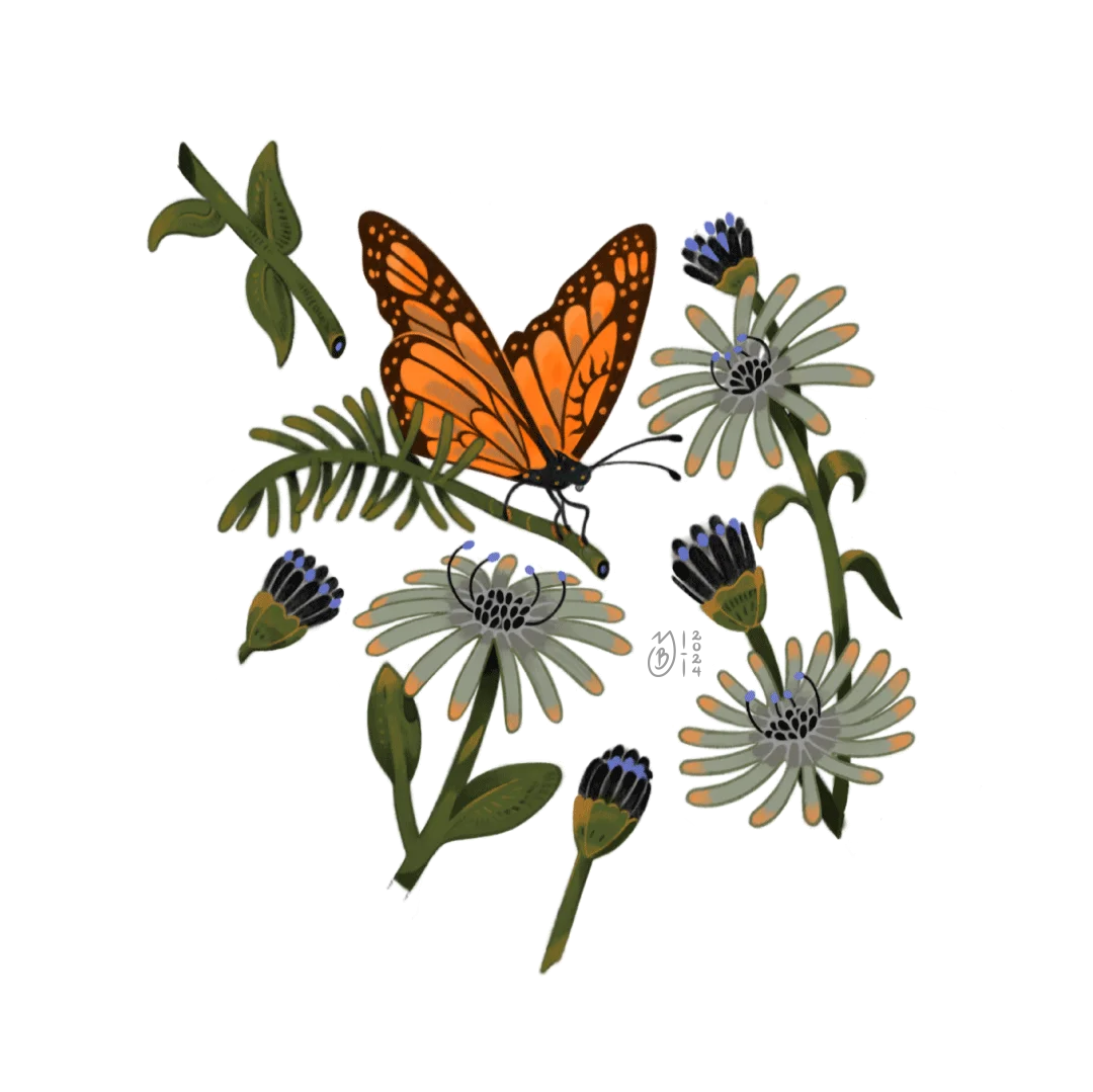 Ilustración de Mariposa Monarca rodeada de flores.