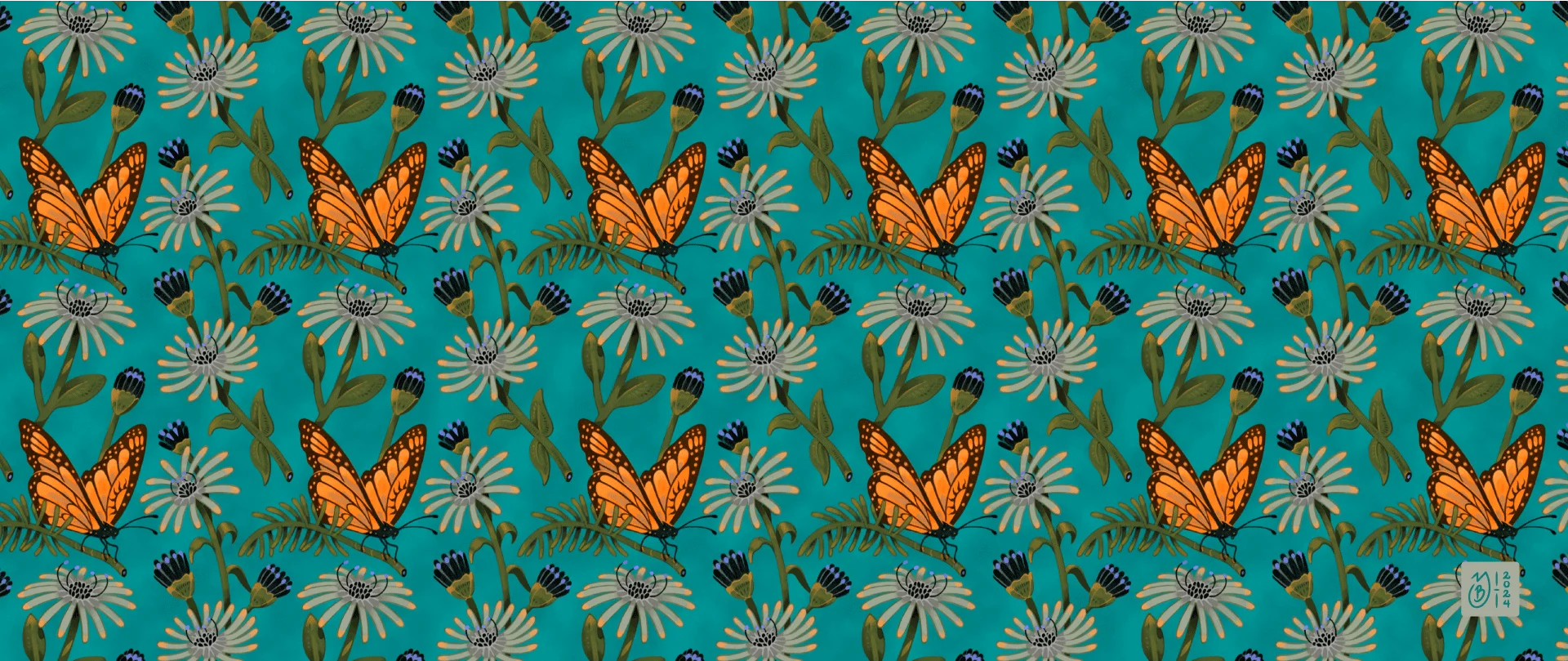 Pattern de Monarca – Yory Bastidas Pattern o patrón diseñado de mariposa Monarca rodeada de flores.