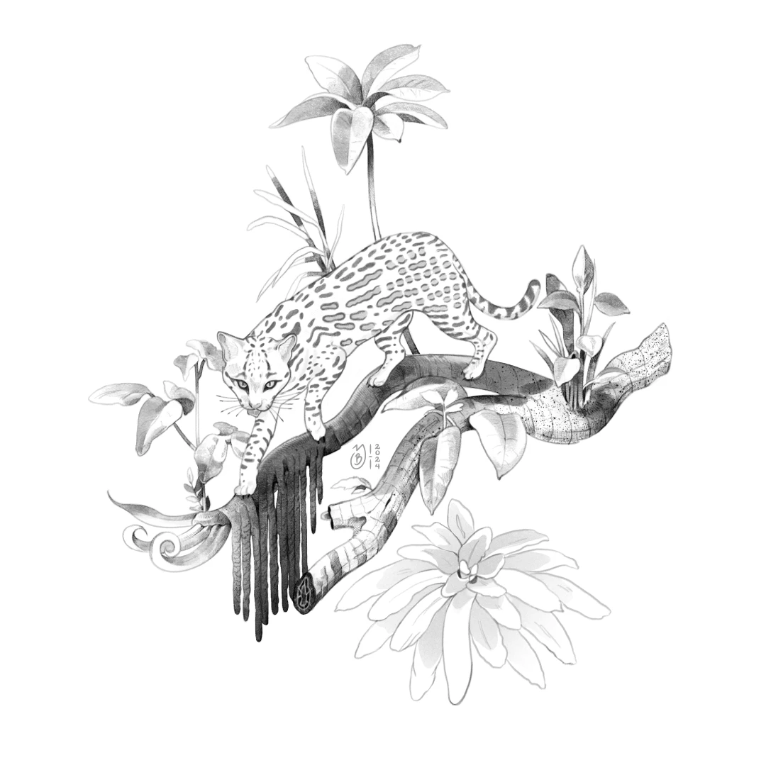 Ilustración de un ocelote sobre la rama de un árbol.