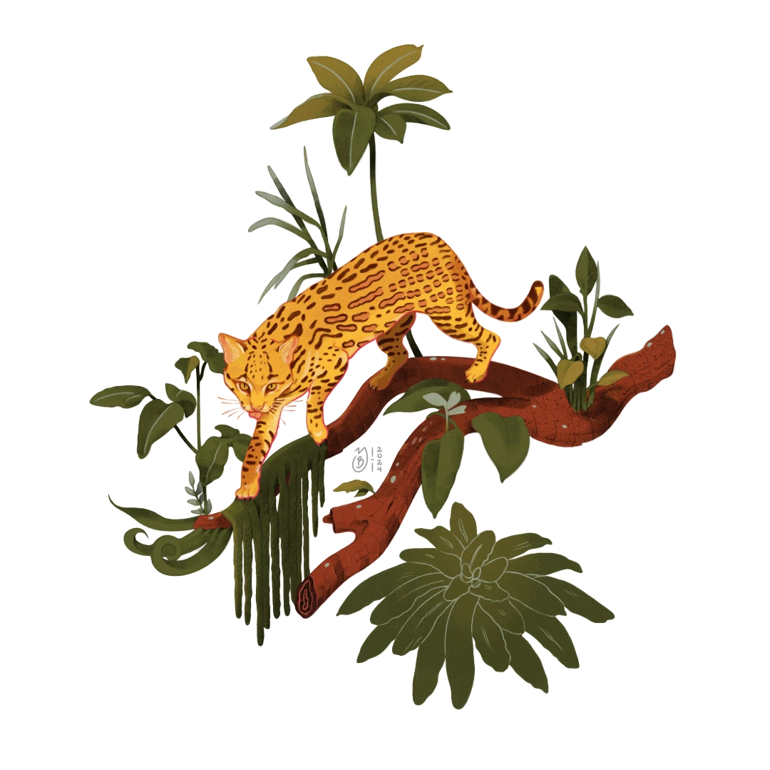 Ilustración de un ocelote sobre la rama de un árbol.