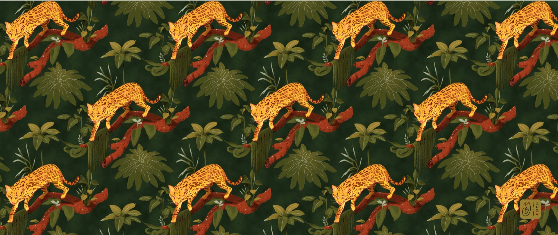 Pattern de Ocelote – Yory Bastidas Patrón diseñado de ocelote con vegetación alrededor.