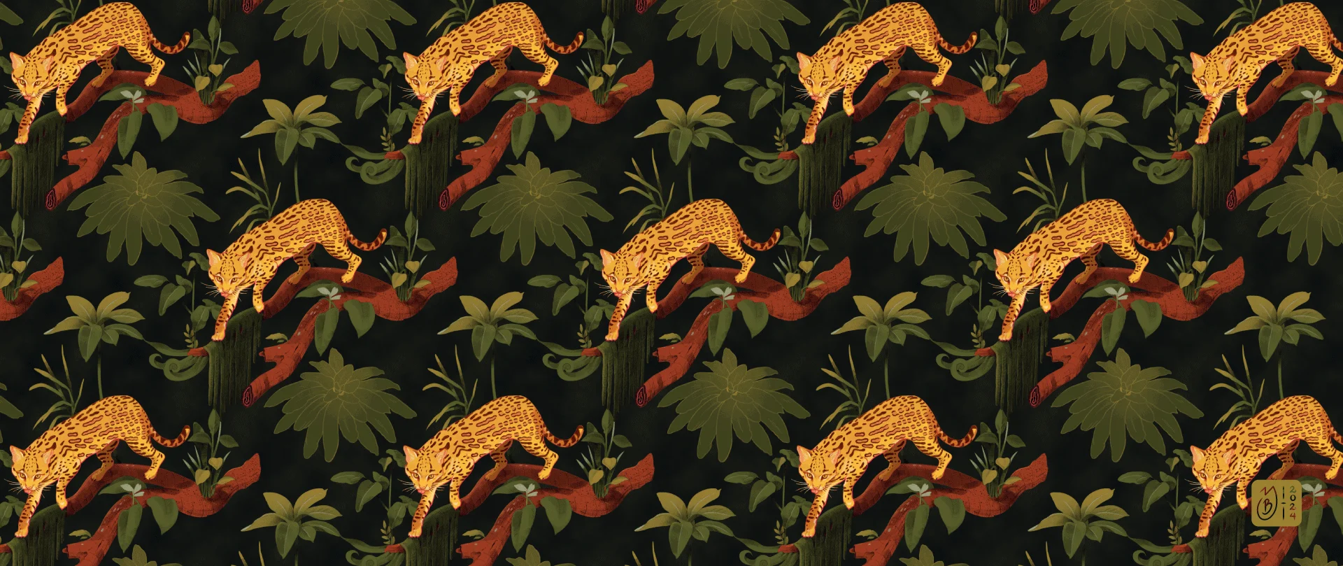 Pattern de Ocelote – Yory Bastidas Patrón diseñado de ocelote con vegetación alrededor.