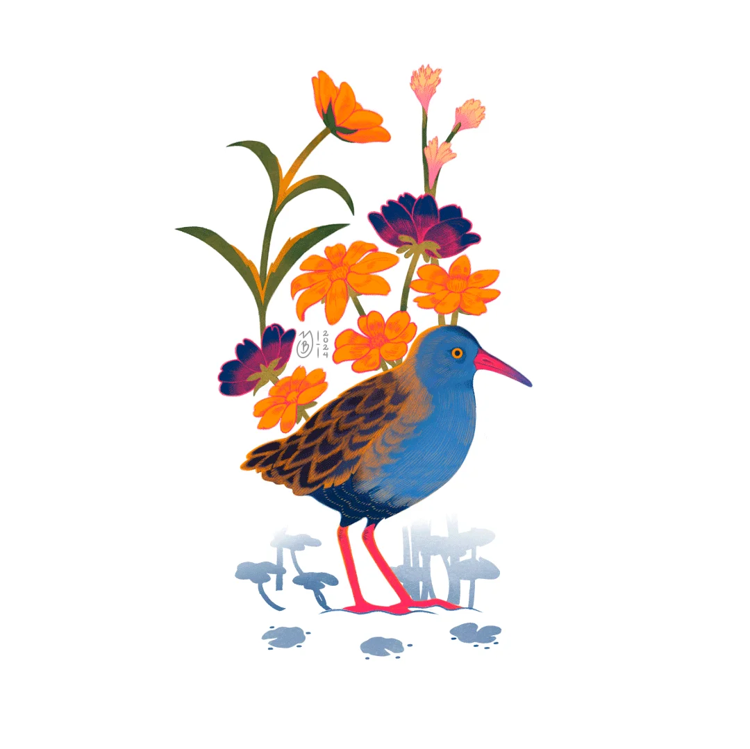 Ilustración de Tingua Bogotana rodeada de flores.
