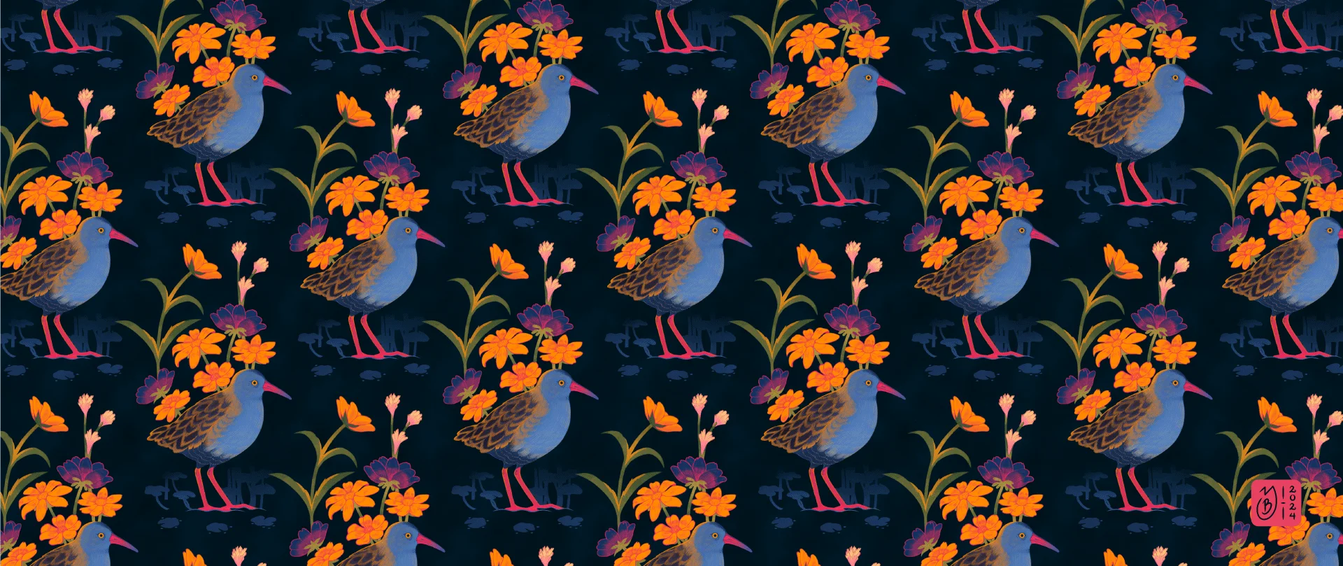 Pattern de Tingua – Yory Bastidas Pattern o patrón diseñado de tingua bogotana rodeada de flores.
